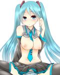  aqua_eyes aqua_hair aqua_neckwear between_breasts breasts detached_sleeves hatsune_miku large_breasts long_hair necktie necktie_between_breasts nipples ochazuke panties simple_background skirt solo striped striped_panties sweatdrop thighhighs twintails underwear very_long_hair vocaloid white_background 