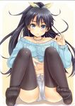  :&lt; absurdres black_hair black_legwear blue_eyes blush fang ganaha_hibiki hair_ribbon highres idolmaster idolmaster_(classic) jewelry k.y_ko knees_to_chest long_hair midriff navel necklace ponytail ribbon scan short_shorts shorts sitting solo string thighhighs 