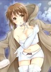  absurdres bare_shoulders blush boots breasts brown_eyes brown_hair bustier cleavage coat elbow_gloves gloves hagiwara_yukiho highres idolmaster idolmaster_(classic) k.y_ko medium_breasts miniskirt navel neck_ribbon open_mouth ribbon scan short_hair skirt solo thigh_boots thighhighs white_gloves 