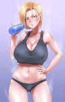  android_18 bare_shoulders black_panties blonde_hair blue_background blue_eyes bottle brand_name_imitation breasts cleavage dragon_ball dragon_ball_z gradient gradient_background hand_on_hip huge_breasts mature navel panties pocari_sweat saliva saliva_trail sgk short_hair smell solo sports_bra sweat tank_top underwear underwear_only water_bottle 