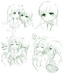  bangs blunt_bangs braid breast_grab closed_eyes drooling grabbing hug hug_from_behind kantai_collection kitakami_(kantai_collection) long_hair monochrome multiple_girls ooi_(kantai_collection) open_mouth sleeping smile soiri_(us) translated 