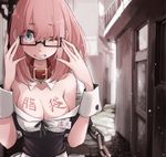  adjusting_eyewear blue_eyes body_writing breasts building chain cleavage collar detached_collar door glasses maid medium_breasts name_tag one_eye_closed original pink_hair revision short_hair smile solo takagi_(tansuke) tansuke translation_request wrist_cuffs 