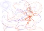  ahri animal_ears breasts cleavage fox_ears fox_tail huge_breasts league_of_legends long_hair monochrome multiple_tails okitakung simple_background sketch solo tail white_background yellow_eyes 