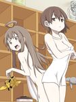 bad_id bad_pixiv_id breast_envy breasts brown_eyes brown_hair covering hairband_removed highres kaga_(kantai_collection) kantai_collection kchair02_(k02-yan) kongou_(kantai_collection) long_hair medium_breasts multiple_girls naked_towel nude_cover towel 