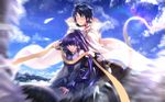  1girl akatsuki_(log_horizon) bad_id bad_pixiv_id bare_shoulders blue_hair blush cape cloud detached_sleeves gauntlets glasses highres log_horizon long_hair mountain multiple_riders ponytail purple_eyes riding shiroe short_hair sky swordsouls wavy_mouth 