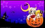  2girls bat blonde_hair blue_eyes closed_eyes crescent_moon cross eating food food_on_face ghost grey_hair halloween hat highres house japanese_clothes miko moon multiple_girls original pumpkin sasatsuyu short_hair star tombstone tree witch_hat 