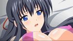  animated animated_gif black_hair blue_eyes blush bouncing_breasts breasts cleavage covered_nipples hiragi_aiki long_hair lowres open_mouth pink_swimsuit saliva shiny shiny_skin solo source_request swimsuit wana_-hakudaku_mamire_no_houkago- 