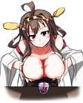  between_breasts breasts brown_eyes brown_hair cup detached_sleeves hairband hands_on_own_chest kantai_collection kongou_(kantai_collection) large_breasts looking_at_viewer nontraditional_miko ryuuri_(aoithigo) solo tea teacup white_background 