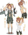  adjusting_clothes adjusting_hair ahoge bike_shorts blush bow brown_hair burnt_clothes collared_shirt dress_shirt grey_legwear hair_bow hair_ribbon kagerou_(kantai_collection) kantai_collection kneehighs multiple_views no_pants no_shirt peperoncirno pleated_skirt purple_hair ribbon school_uniform shirt short_sleeves shorts shorts_under_skirt skirt smile translated triangle_mouth twintails vest yellow_ribbon 