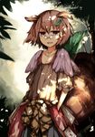  :3 animal_ears bell breasts brown_eyes brown_hair cleavage fang futatsuiwa_mamizou glasses hands_in_pockets highres jewelry leaf leaf_on_head necklace notepad open_mouth pince-nez raccoon_ears raccoon_tail small_breasts smile tail touhou tree venomrobo 