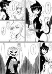  2girls ahoge animal_ears bodysuit breasts cat_tail chihara_kuroyuri comic greyscale highres huge_breasts komusou_(jinrikisha) monochrome multiple_girls ooba_minori original pumpkin tail 