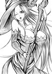  1girl between_breasts breasts cleavage dragon&#039;s_crown dragon's_crown female hat large_breasts long_hair monochrome open_mouth sangyou_haikibutsu_(turnamoonright) solo sorceress_(dragon&#039;s_crown) sorceress_(dragon's_crown) staff wink witch witch_hat 