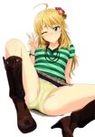  ahoge blonde_hair blush boots bracelet cameltoe flower green_eyes hair_ornament highres hoshii_miki idolmaster idolmaster_(classic) jewelry long_hair looking_at_viewer necklace one_eye_closed panties pantyshot partially_visible_vulva smile solo spread_legs tsurui underwear v yellow_panties 