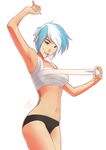  arm_up armpits binding black_panties blue_eyes blue_hair borrowed_character breasts cloud_chaser daniel_macgregor medium_breasts mouth_hold multicolored_hair navel nose nose_piercing original panties piercing sarashi scar short_hair signature solo two-tone_hair underwear underwear_only white_background white_hair 