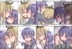  ahoge aosora_(mizore) bandaid blonde_hair blue_eyes blush chart cheek_kiss closed_eyes hand_kiss heart kiss kiss_chart long_hair multiple_girls original purple_hair red_eyes skirt translated twintails yuri 