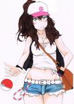  bag bare_shoulders belly_peek blush breasts brown_hair cleavage green_eyes hand_on_hip hat highres long_hair looking_at_viewer medium_breasts mouth_hold nave navel nishinakajima_nanpou poke_ball poke_ball_(generic) pokemon pokemon_(game) pokemon_bw ponytail short_shorts shorts shoulder_bag sidelocks solo touko_(pokemon) vest 