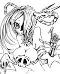  1boy 1girl bone bones breasts cleavage collar detached_sleeves hair_over_one_eye highres large_breasts leviathan_(skullgirls) monochrome monster_girl parasite sangyou_haikibutsu_(turnamoonright) shoulders single_twintail skull skullgirls smile squigly_(skullgirls) stitched_mouth zombie 