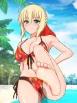  1girl ahoge bare_shulders barefoot beach bikini blonde_hair blush breasts cloud cum cum_on_feet fate/stay_night fate_(series) feet footjob front-tie_bikini front-tie_top green_eyes highres invisible_penis large_breasts leg_up looking_at_viewer nero_claudius_(fate)_(all) outdoors palm_tree penis side-tie_bikini sky soles solo swimsuit toes tree uncensored 