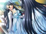  1girl black_hair blush breasts cleavage dress game_cg kan&#039;u kan'u katagiri_hinata koihime_musou long_hair yellow_eyes 