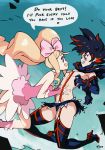  2girls bared_teeth big_hair black_hair blonde_hair blue_eyes blush_stickers boots bow breasts commentary dress drill_hair english_commentary english_text garter_straps hair_bow hairpods hands_on_another&#039;s_stomach harime_nui high_heel_boots high_heels highres kill_la_kill matoi_ryuuko medium_breasts microskirt midriff multicolored_hair multiple_girls pink_dress profanity rape_face red_hair revealing_clothes short_hair sideways_mouth skirt strapless strapless_dress suspenders thigh_boots thighhighs twin_drills twintails two-tone_hair typo_(requiemdusk) underboob yuri 