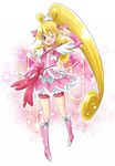 ;d aida_mana arm_up arm_warmers bike_shorts blonde_hair boots bow choker cure_heart curly_hair dokidoki!_precure full_body half_updo knee_boots long_hair magical_girl one_eye_closed open_mouth pink_background pink_bow pink_eyes pink_footwear pink_sleeves ponytail precure ribbon sakumi_(uruneko) skirt smile solo star 