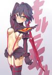  black_hair blush breasts hairpods highres kill_la_kill matoi_ryuuko medium_breasts midriff multicolored_hair navel red_hair revealing_clothes scissor_blade senketsu short_hair skirt stflash suspenders sword thighhighs two-tone_hair underboob weapon 