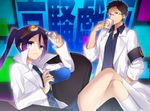  1girl adjusting_goggles black_hair blue_eyes coffee cup fushimi game_console glasses goggles handheld_game_console juugonichi_(wheeliex2) kyousougiga labcoat long_hair necktie pinstripe_pattern playstation_portable ponytail professor_shouko purple_hair school_uniform serafuku skirt striped 