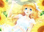  air blonde_hair blue_eyes collarbone dress flower hair_ribbon kamio_misuzu long_hair mada_(mk333) ponytail ribbon smile solo sunflower 