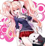  blue_eyes breasts cleavage danganronpa danganronpa_1 enoshima_junko hair_ornament long_hair loose_necktie medium_breasts monokuma necktie pink_hair plaid plaid_skirt ribbon shuri_(84k) skirt sleeves_rolled_up solo tongue tongue_out twintails 