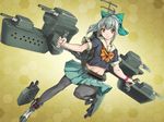  bangs black_legwear blush bow bowtie brown_eyes crop_top crop_top_overhang green_skirt grey_hair hair_bow kantai_collection midriff navel pantyhose peperoncirno pleated_skirt ponytail school_uniform serafuku short_hair short_ponytail short_sleeves skirt smile solo yuubari_(kantai_collection) 