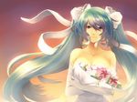  aerlai aqua_hair bare_shoulders blue_eyes bouquet bow breasts cleavage crossed_arms dress elbow_gloves flower gloves hair_bow hair_ribbon jewelry large_breasts league_of_legends long_hair necklace ribbon smile solo sona_buvelle strapless strapless_dress twintails very_long_hair wedding_dress white_dress white_gloves 