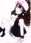  bare_shoulders breasts brown_hair cleavage green_eyes hat highres large_breasts long_hair looking_at_viewer nishinakajima_nanpou open_mouth pokemon pokemon_(game) pokemon_bw ponytail short_shorts shorts sidelocks sitting smile solo touko_(pokemon) vest 