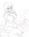  breast_hold breasts large_breasts long_hair monochrome okitakung sitting soaking_feet very_long_hair water 