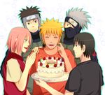  alternate_costume alternate_outfit aqua_eyes birthday birthday_cake black_eyes black_hair blonde_hair brown_eyes brown_hair cake candle food forehead_protector fruit gray_hair grey_hair hatake_kakashi icing naruto naruto_shippuuden pink_hair sai shie_(pixiv) strawberry tray uzumaki_naruto yamato_(naruto) 