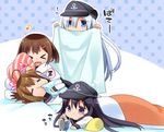  &gt;_&lt; =_= ahoge akatsuki_(kantai_collection) alarm_clock biting blanket blue_eyes brown_hair chibi clock closed_eyes commentary_request covering_with_blanket eighth_note fang flat_cap folded_ponytail futon hair_ornament hairclip hat hibiki_(kantai_collection) hug ikazuchi_(kantai_collection) inazuma_(kantai_collection) kantai_collection long_hair lying multiple_girls musical_note open_mouth pillow purple_eyes purple_hair silver_hair sleeping suzune_kotora under_covers 