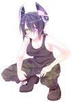  blush boots breasts camouflage camouflage_pants collarbone covered_nipples eyepatch full_body grin headgear highres kantai_collection kurono_nekomaru large_breasts looking_at_viewer no_bra pants purple_hair short_hair simple_background smile solo squatting tank_top tenryuu_(kantai_collection) yellow_eyes 
