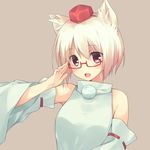  adjusting_eyewear animal_ears bad_id bad_pixiv_id bespectacled detail glasses grey_background hat inubashiri_momiji ite_fuji long_sleeves looking_at_viewer open_mouth red-framed_eyewear red_eyes shirt silver_hair simple_background smile solo tokin_hat touhou upper_body wide_sleeves wolf_ears 