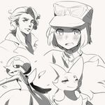  bangs baseball_cap blush calme_(pokemon) collage delphox gardevoir gen_3_pokemon gen_6_pokemon hat lineart mega_gardevoir mega_pokemon monochrome multiple_boys naso4 one_eye_closed platane_(pokemon) pokemon pokemon_(creature) pokemon_(game) pokemon_xy sunglasses 