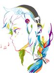  bow braid colorful copyright_request flower hair_bow hair_ornament hairclip headphones koyuko_(uco) multicolored_hair musical_note profile rose solo 