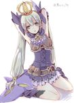  alternate_color alternate_headwear armpits arms_behind_head bad_id bad_pixiv_id belt black_legwear blue_eyes blush breastplate cravat crown fanny_pack frey_(rune_factory) green_eyes green_hair hair_between_eyes hair_ornament hair_ribbon head_tilt kneehighs long_hair miniskirt open_mouth ribbon rune_factory rune_factory_4 shadow sitting skirt sleeveless solo spc twintails white_background 