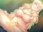  1girl blonde_hair blue_eyes blush breasts censored character_request dress dutch_angle game_cg highres indoors kuroishi_ringo large_breasts legs liquid_(company) long_hair masturbation mosaic_censoring mugen_renkan:_chijoku_ni_mamireshi_fushihime_no_rinbu nexton no_panties one_eye_closed pussy shaved_pussy sitting solo spread_legs thighs wince 