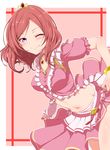  ;) blush clearite closed_mouth curtsey highres looking_at_viewer love_live! love_live!_school_idol_project midriff music_s.t.a.r.t!! nishikino_maki one_eye_closed purple_eyes red_hair short_hair skirt smile solo tiara 