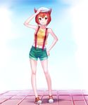  cosplay crop_top crop_top_overhang denim denim_shorts hand_on_hip hat highres kanon_(pokemon) kasumi_(pokemon) kasumi_(pokemon)_(cosplay) looking_at_viewer midriff nanjyolno navel orange_hair parted_lips pokemon pokemon_(anime) pokemon_(classic_anime) pokemon_m05 shirt shoes shorts sneakers solo suspenders taut_clothes taut_shirt yellow_eyes 