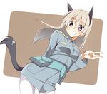  animal_ears bad_id bad_pixiv_id blush dutch_angle eila_ilmatar_juutilainen extra_ears grey_hair grin hajime_(kin'you_club) long_hair military military_jacket military_uniform pantyhose purple_eyes smile solo strike_witches tail uniform v white_legwear world_witches_series 