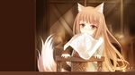  animal_ears artist_name bread brown_hair chair food highres holo indoors jar jewelry long_hair looking_at_viewer necklace nncat paper plate pouch red_eyes sack sitting sitting_backwards solo spice_and_wolf table tail upper_body wallpaper wolf_ears wolf_tail 