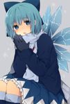  ari_suzushi black_gloves blue_eyes blue_hair blush boots bow cirno dress fang gloves hair_bow highres open_mouth scarf short_hair solo sweater touhou wings 