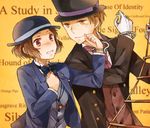  1girl bowler_hat brown_eyes brown_hair cuffs fukube_satoshi handcuffs hat hyouka ibara_mayaka kimi_ni_matsuwaru_mystery kiri_(lwp01_lav) ladder pink_eyes short_hair top_hat 