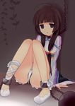  bad_id bad_pixiv_id ball_and_chain_restraint bare_legs bdsm black_hair chain cross-laced_footwear cuffs empty_eyes full_body grey_background kohak_hearts long_hair low-tied_long_hair purple_eyes shackles sitting solo tales_of_(series) tales_of_hearts teu_(navy) thigh_gap twintails 