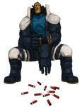  arm_cannon boots cigar concept_art cyborg full_body grimace high_collar knee_pads male_focus maxima nona nose official_art reloading shell_casing shoulder_pads sitting solo the_king_of_fighters the_king_of_fighters_2001 weapon white_background 