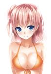 bikini blue_eyes breasts cleavage front-tie_top heirou highres medium_breasts pink_hair short_hair side_ponytail simple_background smile solo swimsuit upper_body water_drop wet white_background yahari_ore_no_seishun_lovecome_wa_machigatteiru. yuigahama_yui 